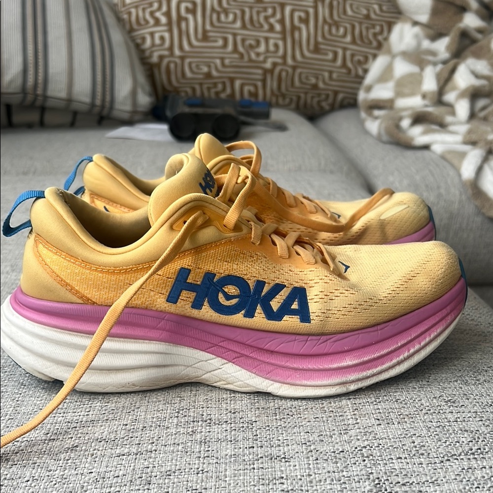 HOKA Yellow and Pink Running Shoes